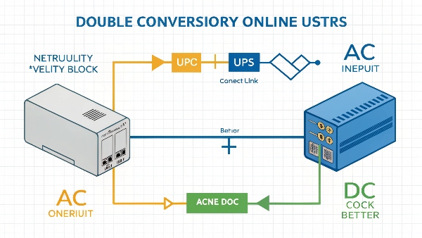 Image illustrating the double conversion process of an online UPS: AC in -> Rectifier -> DC -> Inverter -> AC out, with battery connected to DC link