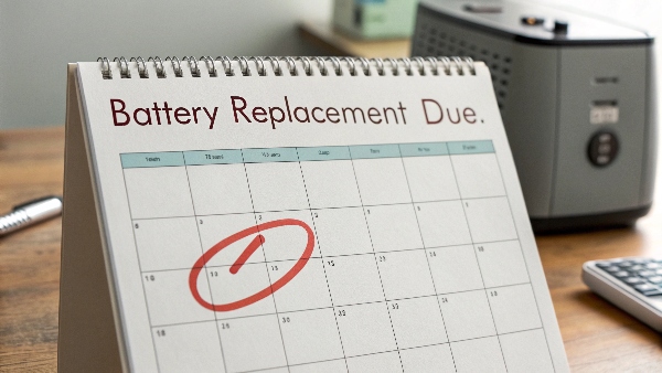 Image of a calendar highlighting a UPS battery replacement date, with a UPS unit in the background