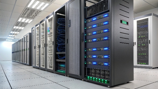 Image of a clean server rack with several 1U lithium-ion UPS units neatly installed