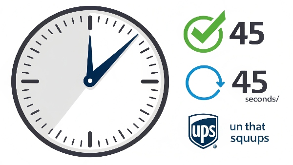 Image of a clock face showing a time of 45 seconds, with a green checkmark next to a UPS icon