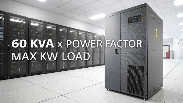 Image of a large 60 kVA UPS unit with text overlay: 