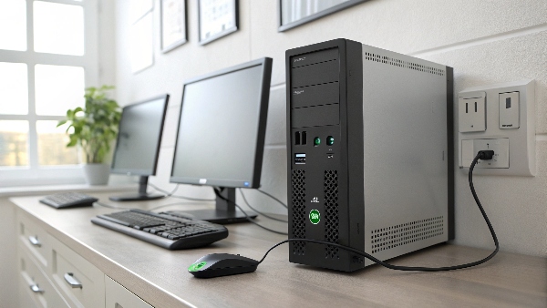 Image of a powered-off desktop computer plugged into a UPS, which is plugged into a wall. The UPS has a small green 