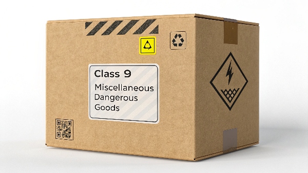 Image of a properly labeled shipping box for a lithium-ion battery, showing the Class 9 Dangerous Goods sticker