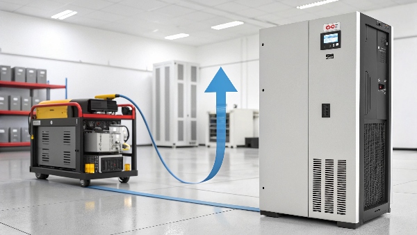 Image of a UPS unit with an arrow pointing towards a generator in the background, symbolizing connection