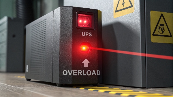 Image of a UPS with a flashing red overload light, with an arrow pointing from a laser printer to the UPS