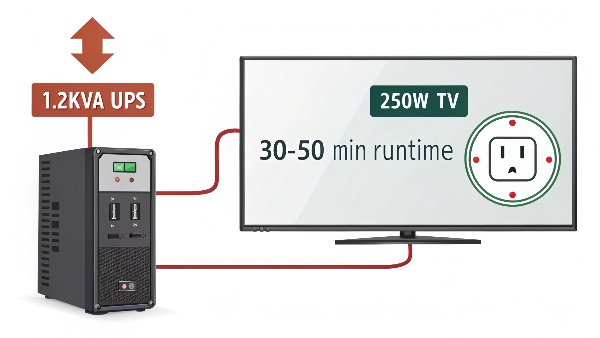 Image showing a 1.2kVA UPS connected to a 250W TV, with a clock icon displaying 