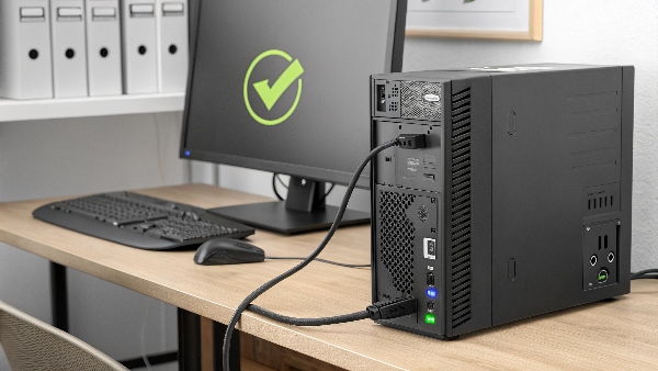 Image showing a 1200VA UPS connected to a PC with an 850W PSU and a monitor, with a green checkmark indicating compatibility