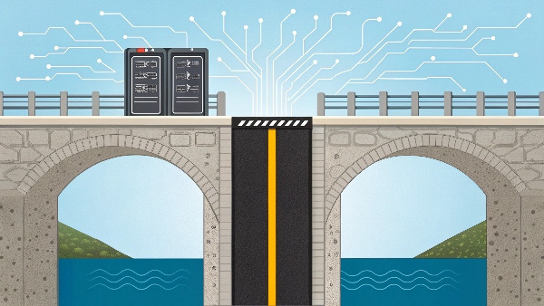 Image showing a gap in a bridge being filled by a UPS unit, symbolizing continuous power
