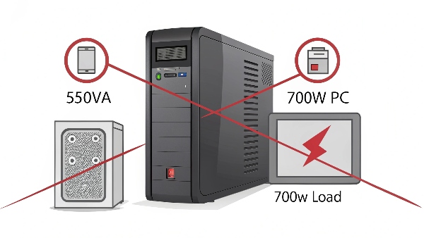 Image showing a small 550VA UPS with a large 700W PC, connected by a red, broken line indicating incompatibility and overload