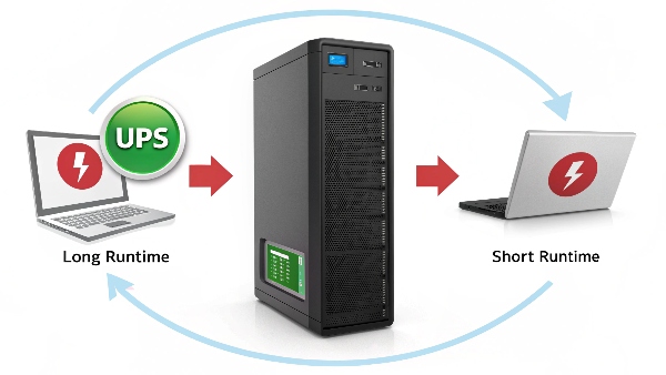 Image showing a UPS. An arrow points to a small laptop with a 