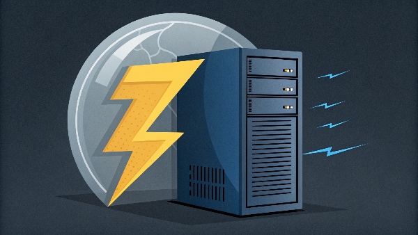 Image showing a UPS protecting a server from a lightning icon, signifying a very short power disturbance