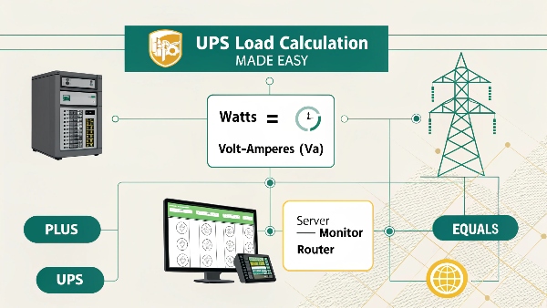 Infographic showing a calculator adding up Watts and VA from a server, monitor, and router, then selecting an appropriately sized UPS