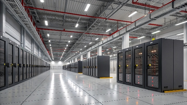 Interior shot of a large data center hall, focusing on the scale, with visible power and cooling infrastructure elements.