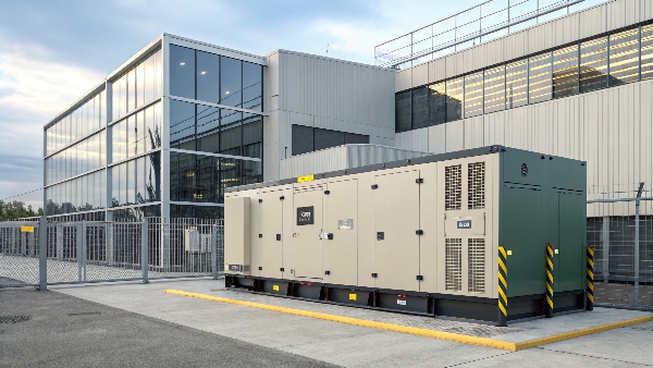Large industrial backup generator unit installed outside a modern data center facility