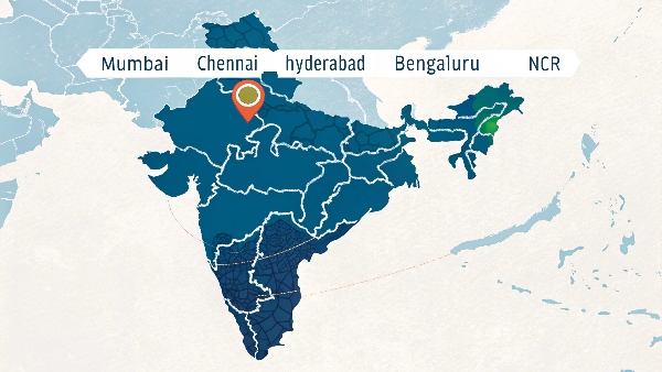 Map of India with highlighted potential data center hub locations like Mumbai, Chennai, Hyderabad