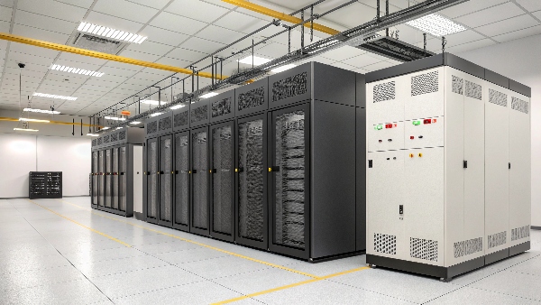 Multiple redundant UPS units in parallel configuration within a data center power room