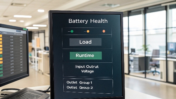 Screenshot of UPS management software showing battery health, load, and remaining runtime