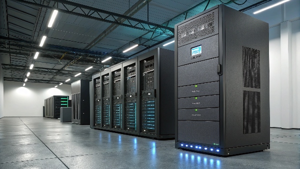 Servers in a data center rack with a large UPS unit prominently displayed nearby