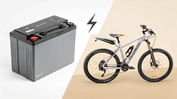Side-by-side comparison: a bulky, rectangular UPS SLA battery and a sleek, modern lithium-ion e-bike battery pack