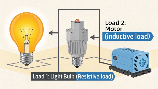 Side-by-side comparison: a light bulb labeled with Watts, and a motor labeled with VA and Watts, with a UPS in the middle
