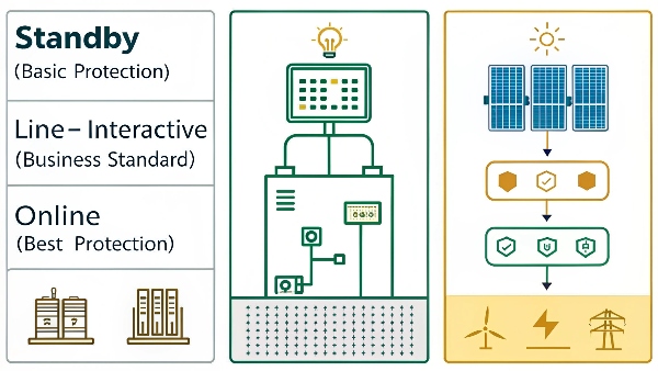 Side-by-side comparison of three UPS types: Standby, Line-Interactive, and Online