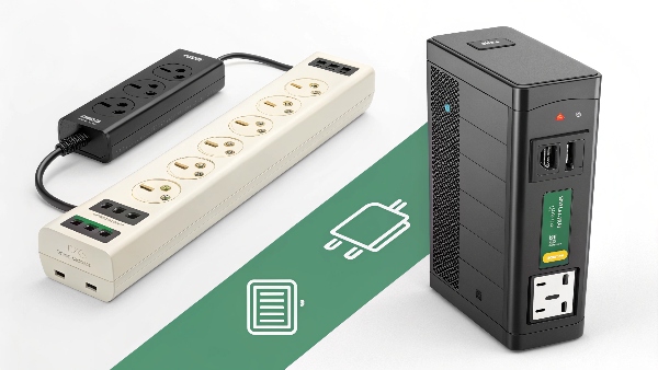 Side-by-side images: a simple surge protector power strip, and a UPS unit with battery icon and multiple outlets