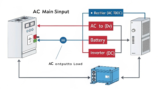 Simple block diagram: AC Mains Input -> UPS (Rectifier -> DC Bus with Battery -> Inverter) -> AC Output to Load
