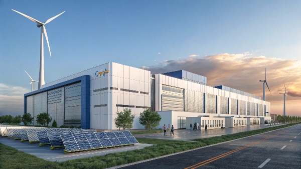 Stylized image of a large, modern Google data center campus, perhaps with solar panels or wind turbines nearby