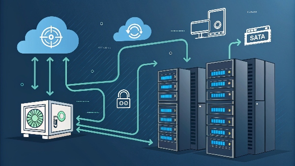 Stylized image of data flowing from servers to a secure backup storage location, possibly a cloud icon or a tape library.