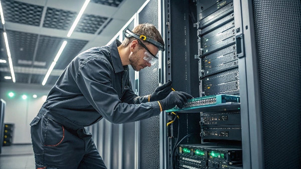 Technician performing maintenance on a server rack, perhaps replacing a component or cleaning