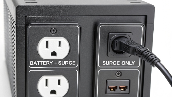 The back of a UPS showing clearly labeled 'Battery Backup' outlets and 'Surge Only' outlets