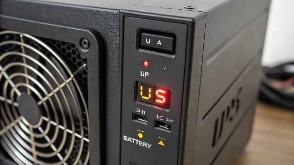 UPS battery indicator light showing red or low charge, next to a stationary fan.