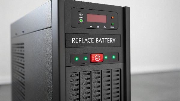 UPS unit displaying a 'replace battery' warning light on its front panel