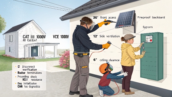 Family installing lithium solar battery