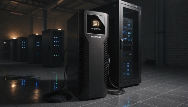 An image of a DAOPULSE 'no break' UPS powering a server during a simulated blackout