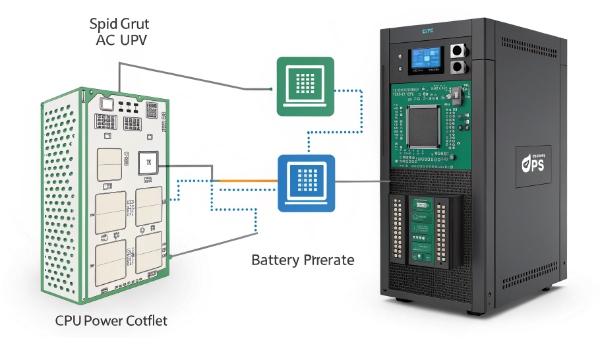 A CPU chip next to a small UPS unit