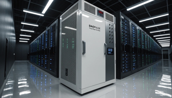 An image of a large, cabinet-sized DAOPULSE three-phase no break in a data center facility