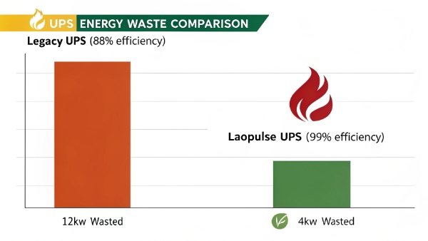 A graph showing the reduced heat output and energy consumption of a DAOPULSE UPS compared to an older model