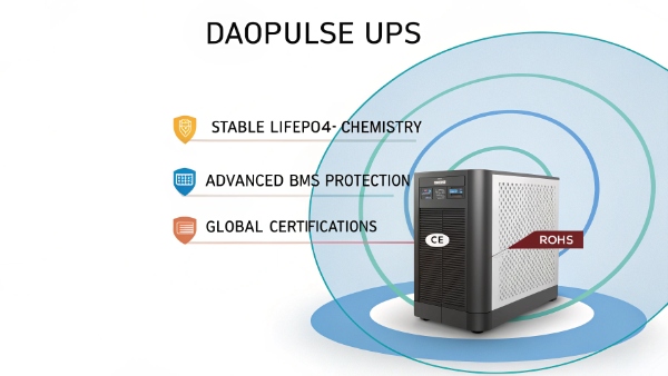 A diagram showing the multiple safety layers of a DAOPULSE UPS: LiFePO4 cells, BMS, and certifications