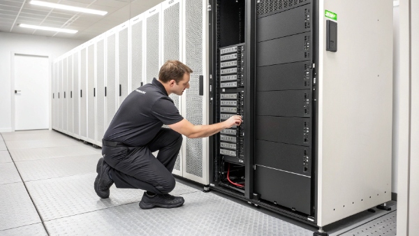 A technician easily sliding a lightweight, rack-mounted DAOPULSE UPS into a server cabinet
