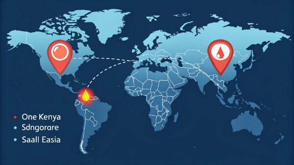 A world map with pins in Kenya, Southeast Asia, and the Middle East