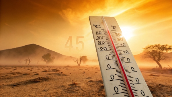 A thermometer showing a high temperature of 45°C in a desert background