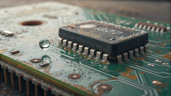 A close-up image of a corroded and damaged circuit board