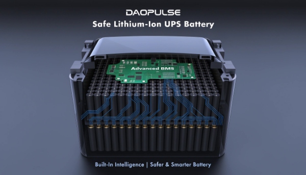 A cutaway view of a DAOPULSE lithium-ion battery module showing individual cells and the integrated BMS circuit board