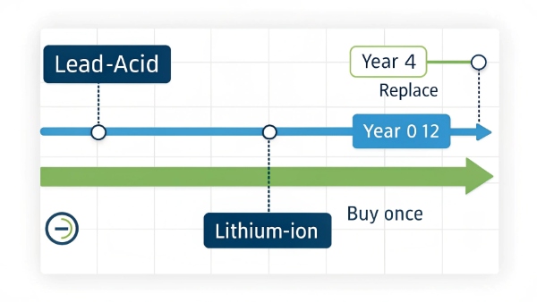 A timeline graphic showing the 3-5 year lifespan of lead-acid vs the 10+ year lifespan of lithium