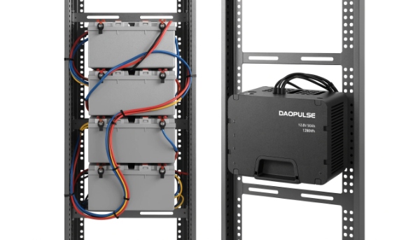 A side-by-side comparison showing a large, heavy rack of lead-acid batteries next to a sleek, compact DAOPULSE lithium-ion battery pack of the same capacity