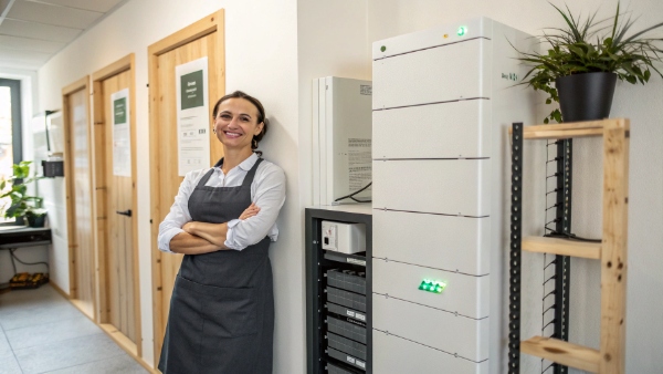 A small business owner smiling next to a compact, wall-mounted lithium UPS protecting a server