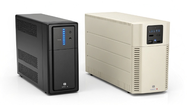 A sleek, modern lithium-ion UPS unit next to a bulky, old lead-acid UPS