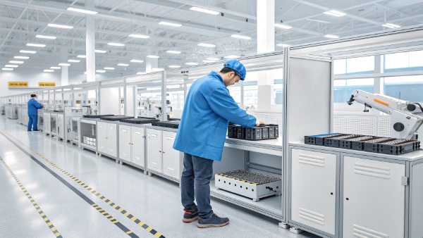 An assembly line showing workers building lithium-ion UPS systems