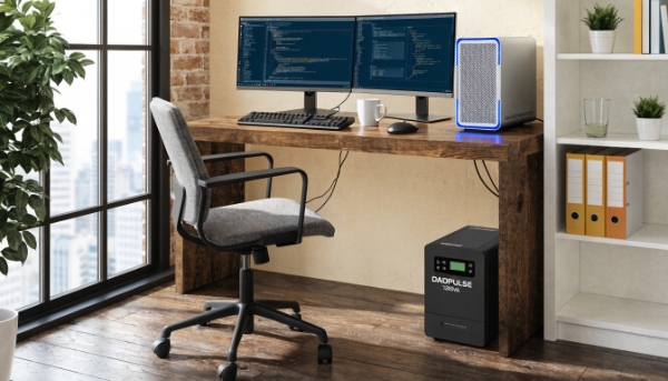 An illustration of an office workstation with a PC, two monitors, and a small DAOPULSE 1200VA no break